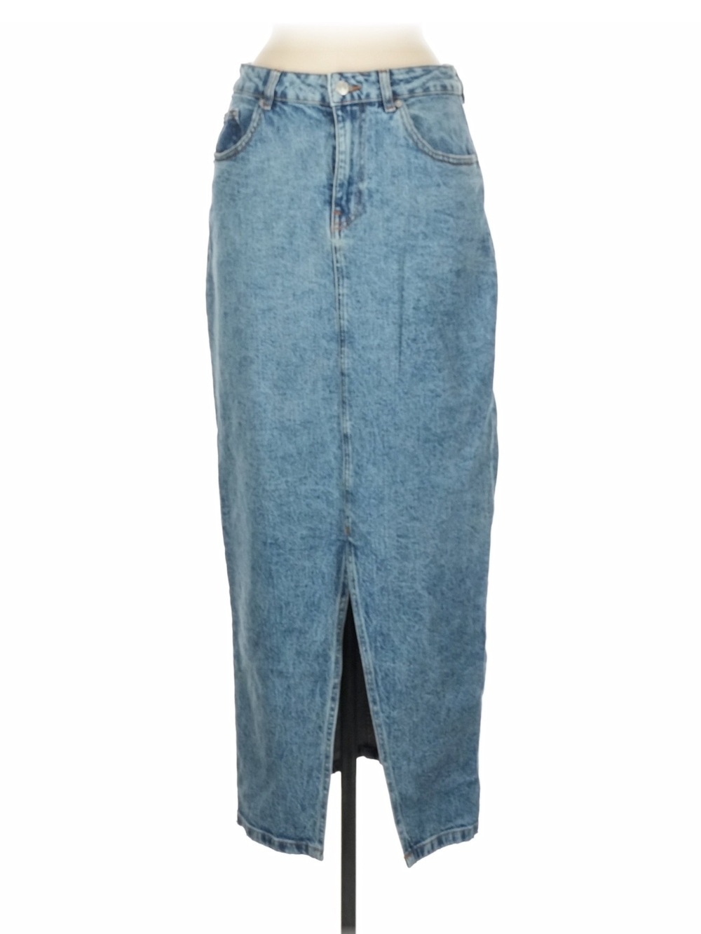 ASOS Design Denim Midi Skirt Front Slit Sz 8 Light Wash High Rise